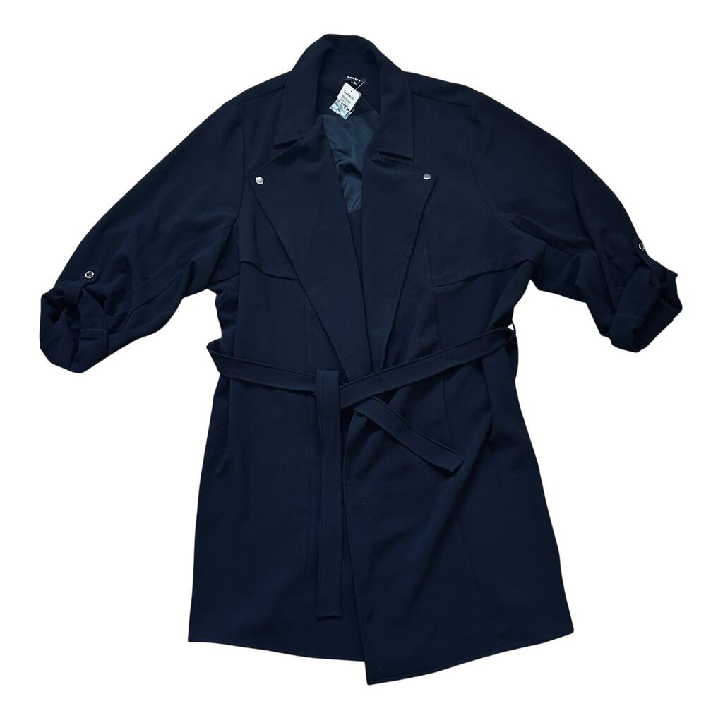 Torrid Black Trench Coat Jacket Draped Open Tie Front Roll Tab Sleeve 5 NWT